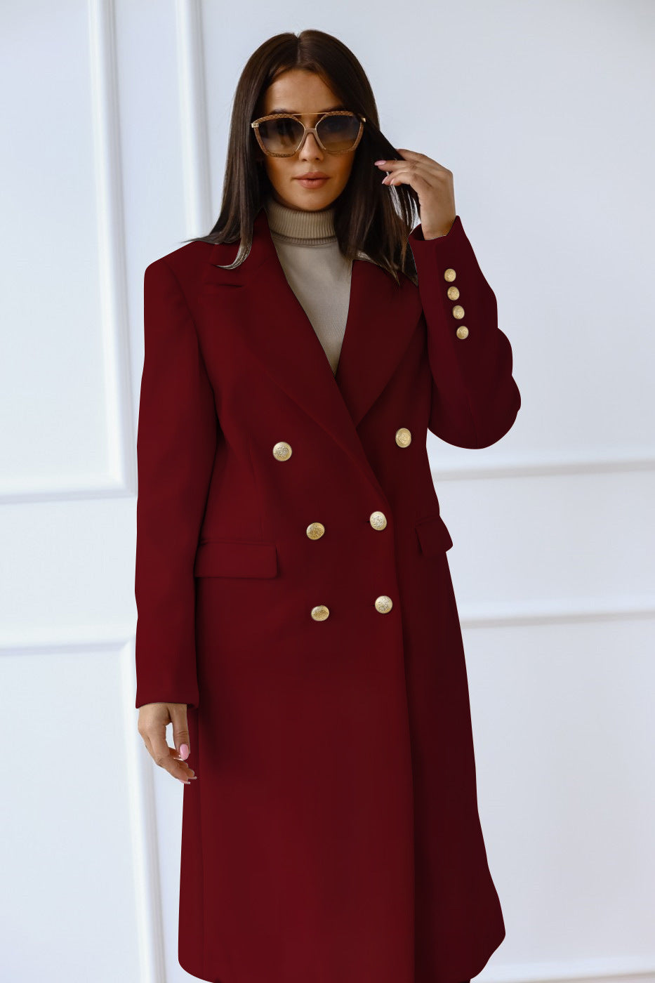 Manteau ALESSIA| Long en Laine avec Détail Boucle Métallique