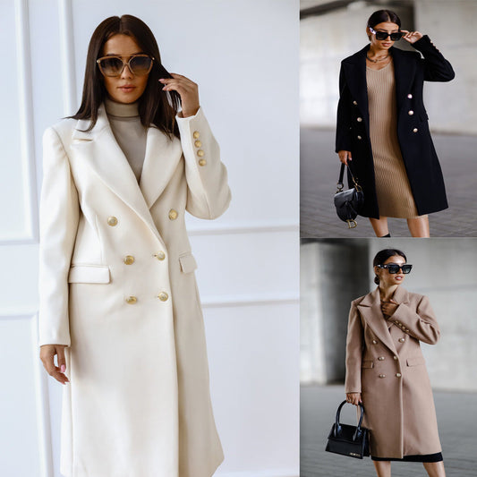 Manteau ALESSIA| Long en Laine avec Détail Boucle Métallique